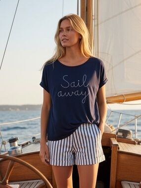 Anthropologie Style Navy Blue Sail Away Stitch Tee T-Shirt
